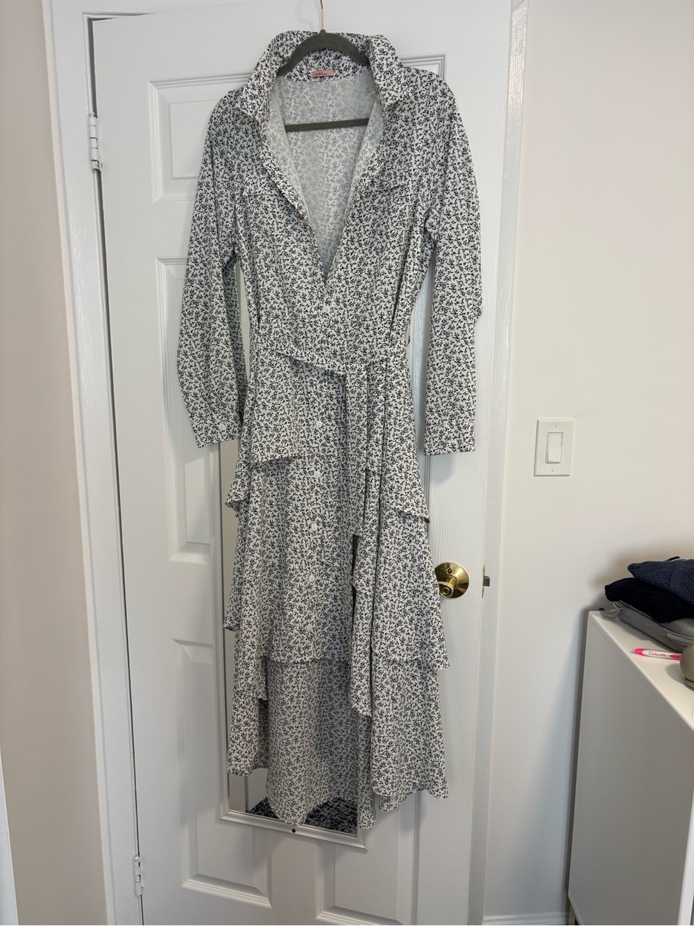 High-Low Ruffle Wrap Dress in White and Black Floral